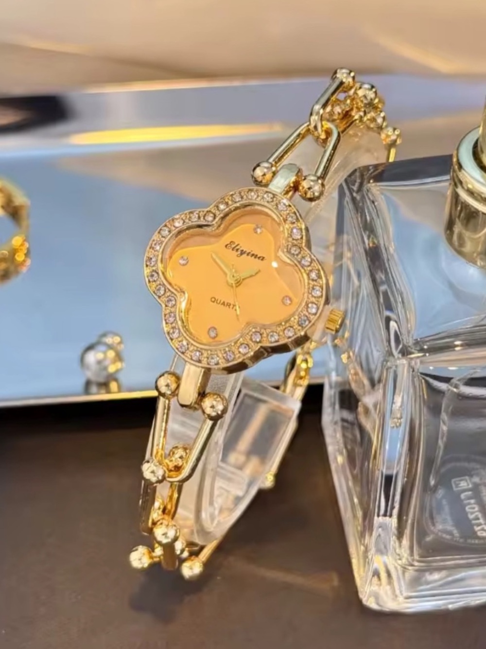 Golden Crystal-Accent Flower Bracelet Watch - Picture 4 of 4